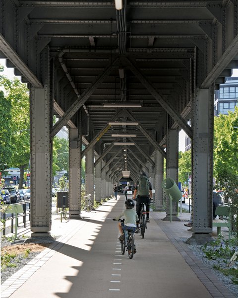 Fahrradfahrer unter einer Stahlbrücke auf einem Radweg mit weißen Markierungen und grünen Bäumen am Rand