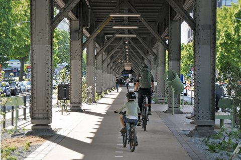 Fahrradfahrer unter einer Stahlbrücke auf einem Radweg mit weißen Markierungen und grünen Bäumen am Rand