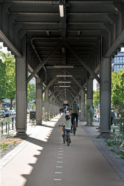 Fahrradfahrer unter einer Stahlbrücke auf einem Radweg mit weißen Markierungen und grünen Bäumen am Rand