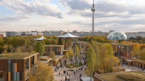 Luftblick auf ein begrüntes Expo Quartier mit Holzpavillons und Besucherwegen. Gebäude sind mit Argentinien und Chile beschriftet, im Hintergrund stehen Fernsehturm und Expo Kuppel.