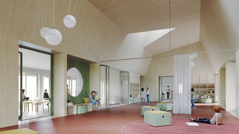 Großer heller Raum mit hohen Decken, Sitzwürfeln, Teppich und mehreren Kindern, die sitzen, stehen oder liegen