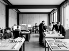 "Schwarz-Weiß-Fotografie eines modernen Architekturbüros. Mehrere Mitarbeiter arbeiten an verschiedenen Stationen: Im Vordergrund liegt Baupläne aufgerollt auf einem Tisch, im Hintergrund sitzen Personen an Computern mit großen Bildschirmen. Eine Gruppe bespricht sich in der Raummitte. Betonwände, schwarze Deckenträger, große Fenster mit Blick nach außen."
