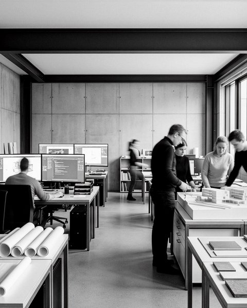 "Schwarz-Weiß-Fotografie eines modernen Architekturbüros. Mehrere Mitarbeiter arbeiten an verschiedenen Stationen: Im Vordergrund liegt Baupläne aufgerollt auf einem Tisch, im Hintergrund sitzen Personen an Computern mit großen Bildschirmen. Eine Gruppe bespricht sich in der Raummitte. Betonwände, schwarze Deckenträger, große Fenster mit Blick nach außen."