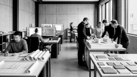 "Schwarz-Weiß-Fotografie eines modernen Architekturbüros. Mehrere Mitarbeiter arbeiten an verschiedenen Stationen: Im Vordergrund liegt Baupläne aufgerollt auf einem Tisch, im Hintergrund sitzen Personen an Computern mit großen Bildschirmen. Eine Gruppe bespricht sich in der Raummitte. Betonwände, schwarze Deckenträger, große Fenster mit Blick nach außen."