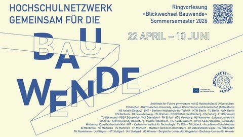 Plakat für Ringvorlesung "Blickwechsel Bauwende" im Sommersemester 2026 vom 22. April bis 10. Juni. Das Design zeigt großformatig den Text "BAU WENDE" in blauer Schrift auf cremefarbenem Hintergrund mit diagonalen Linien. Oben links: Hochschulnetzwerk gemeinsam für die Bau. Oben rechts: QR-Code und Veranstaltungsinformationen. Unten: Liste von 42 beteiligten Hochschulen und Universitäten sowie das Logo "Architects for Future" und EU-Förderhinweis.