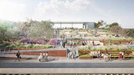 Terrassierte Dachlandschaft mit Grünflächen, Sitzstufen und Menschen als öffentlicher Aufenthaltsort.