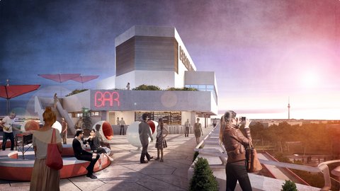 Eine digitale Visualisierung einer lebendigen Dachterrasse am Berliner Fernsehturm während des Sonnenuntergangs. Im Zentrum steht ein modernes, kubisches Gebäude mit einem Neon-Schild "BAR" und einem bewachsenen Dach. Viele Menschen sind anwesend: links grillt ein Mann, eine Gruppe sitzt auf geschwungenen roten Bänken, im Hintergrund stehen futuristische Kugelstühle. Rechts fotografiert eine Frau die Aussicht mit ihrem Smartphone. Der Berliner Fernsehturm und die Stadtlandschaft sind im warmen Licht des Sonnenuntergangs am Horizont zu sehen.