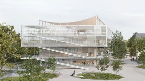 Architekturvisualisierung eines mehrgeschossigen Gebäudes mit transparenter Fassade, umlaufenden Rampen und geschwungenem Dach.