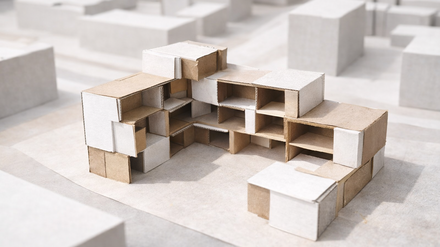 Karton-Studienmodell in L‑Form; gestapelte Hohlkästen zeigen Raumgliederung im Stadtmodell.