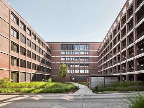 Innenhof mit gepflastertem Weg, mittig stehendem Baum und zwei mehrstöckigen Backsteingebäuden links und rechts