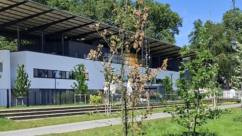  Ein modernes, einstöckiges weißes Gebäude mit großer schwarzer Überdachung aus Stahlträgern. Davor befindet sich eine grüne Wiese mit jungen, teilweise vertrockneten Bäumen. Ein asphaltierter Gehweg führt zum Gebäude. Grüne Sträucher und Hochspannungsleitungen sind im Hintergrund sichtbar.