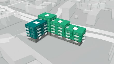 3D-Massenstudie eines L‑förmigen, gestuften Wohngebäudes; umliegender Stadtkontext als helle Volumen.