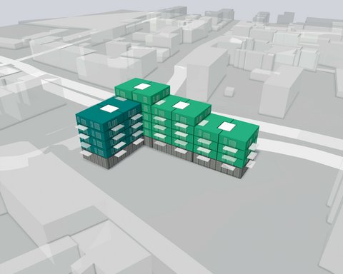 3D-Massenstudie eines L‑förmigen, gestuften Wohngebäudes; umliegender Stadtkontext als helle Volumen.