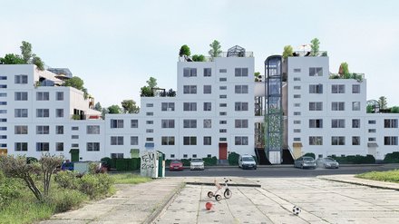 Außenansicht, Visualisierung Alt: Stufenförmiger, weißer Wohnblock mit Dachgärten und gläsernem Außenturm; davor Parkplatz und leerer Platz mit Kinderspielzeug.