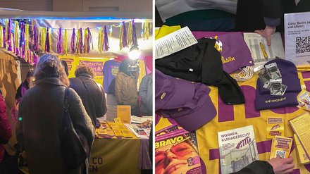 Bild 2 und 3 zeigen gemeinsam einen politischen Infostand bei Dunkelheit, vermutlich abends oder nachts. Der Stand ist mit violett-gelben Stoffen, Bannern und einer Lichterkette geschmückt und hell beleuchtet. Mehrere Menschen stehen dicht davor und betrachten den Tisch. Auf der Tischfläche liegen viele Flyer, Broschüren und Magazine zu den Themen Mieten, Wohnen, Enteignung und Klimagerechtigkeit. Außerdem sind violette Mützen, Stoffbeutel und andere Textilien mit der Aufschrift „ENTEIGNEN!“ ausgelegt. Ein Magazin mit einem großen Porträtfoto ist gut sichtbar, daneben liegen Zettel mit QR-Codes und Informationsmaterial. Eine Hand greift gerade nach einem Flyer. Die Farben Violett und Gelb dominieren das Bild. Die Szene wirkt organisiert, aktivistisch und wie Teil einer politischen Kampagne oder Bewegung.