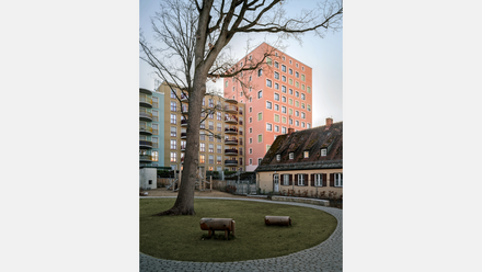 Wohnhof mit Rasenfläche und Baum, davor niedrige Sitzobjekte; im Hintergrund farbige Mehrfamilienhäuser und ein historisches Gebäude.