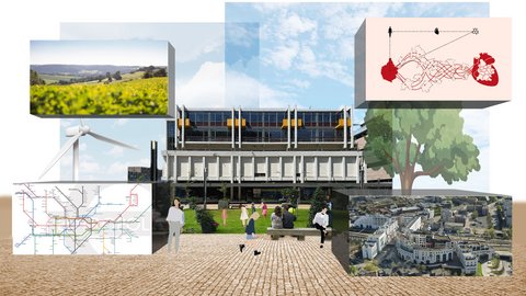 Eine Bildcollage zeigt eine fotorealistische Darstellung des Campus-Gebäudes, umgeben von schwebenden Kuben, die verschiedene Aspekte der Region illustrieren: Landschaftsaufnahmen, eine schematische Karte des Schienennetzes, eine Windkraftanlage, ein städtebauliches Diagramm des menschlichen Einflusses, einen gezeichneten Baum und eine Luftaufnahme der Stadtentwicklung.