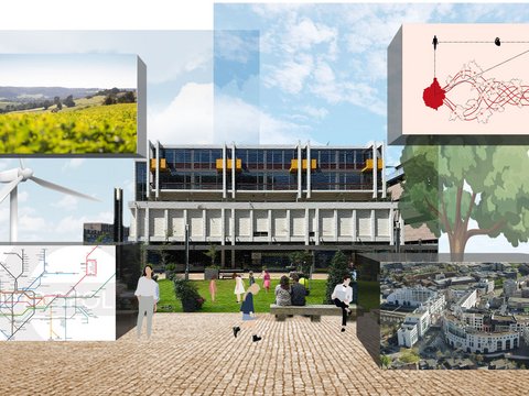 Eine Bildcollage zeigt eine fotorealistische Darstellung des Campus-Gebäudes, umgeben von schwebenden Kuben, die verschiedene Aspekte der Region illustrieren: Landschaftsaufnahmen, eine schematische Karte des Schienennetzes, eine Windkraftanlage, ein städtebauliches Diagramm des menschlichen Einflusses, einen gezeichneten Baum und eine Luftaufnahme der Stadtentwicklung.