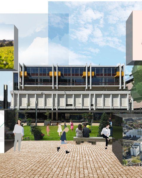 Eine Bildcollage zeigt eine fotorealistische Darstellung des Campus-Gebäudes, umgeben von schwebenden Kuben, die verschiedene Aspekte der Region illustrieren: Landschaftsaufnahmen, eine schematische Karte des Schienennetzes, eine Windkraftanlage, ein städtebauliches Diagramm des menschlichen Einflusses, einen gezeichneten Baum und eine Luftaufnahme der Stadtentwicklung.