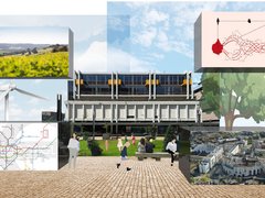 Eine Bildcollage zeigt eine fotorealistische Darstellung des Campus-Gebäudes, umgeben von schwebenden Kuben, die verschiedene Aspekte der Region illustrieren: Landschaftsaufnahmen, eine schematische Karte des Schienennetzes, eine Windkraftanlage, ein städtebauliches Diagramm des menschlichen Einflusses, einen gezeichneten Baum und eine Luftaufnahme der Stadtentwicklung.