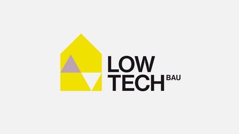 09:11     Logo: gelbes, hausförmiges Symbol mit einem lilafarbenen Dreieck oben links und einem nach unten zeigenden weißen Dreieck unten rechts; rechts der schwarze Schriftzug „LOW TECH BAU“.