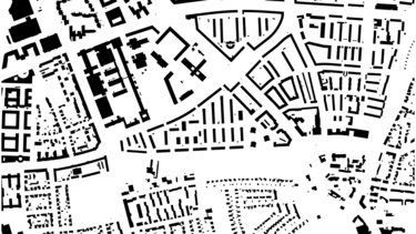 Schwarzplan eines Stadtgebiets, abstrahierte Darstellung von Gebäuden, Straßen und Blockstrukturen.