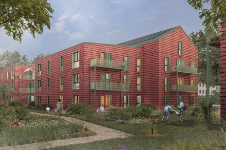 Visualisierung eines Wohnquartiers mit roten Holzgebäuden, Balkonen und begrünten Freiräumen.