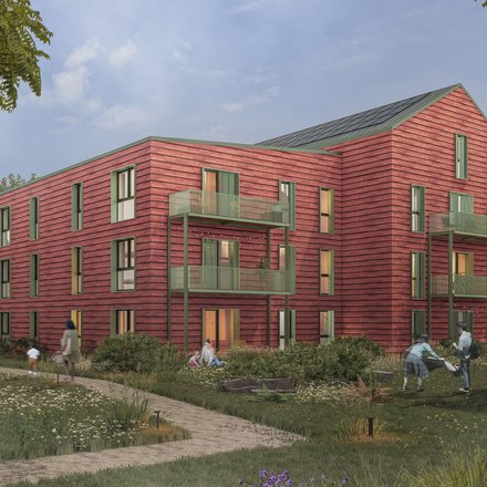 Visualisierung eines Wohnquartiers mit roten Holzgebäuden, Balkonen und begrünten Freiräumen.