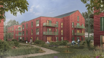 Visualisierung eines Wohnquartiers mit roten Holzgebäuden, Balkonen und begrünten Freiräumen.