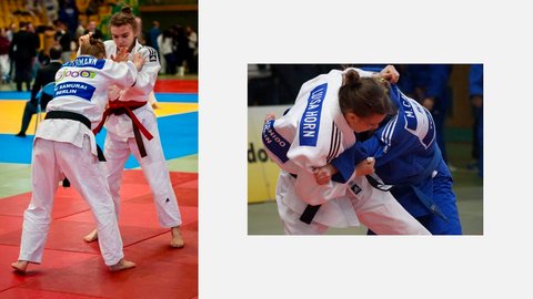 Zwei Judoka beim Wettkampf auf einer Trainingsmatte. Links eine Judoka in weißem und rotem Anzug mit schwarzem Gürtel, rechts eine in blauem Anzug. Sie sind in einer Wurftechnik verwickelt. Im Hintergrund sind Zuschauer und eine bunte Matte in Rot, Gelb und Blau zu sehen.