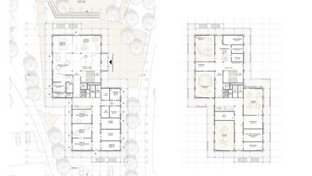 Grundrisse von Erdgeschoss und erstem Obergeschoss mit Klassen- und Gemeinschaftsräumen.
