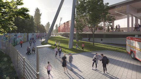 Architekturentwurf: Außenbereich des Stadions mit schrägen Stützpfeilern, flanierenden und sporttreibenden Menschen auf einem Fußweg neben einer Graffiti-Wand.