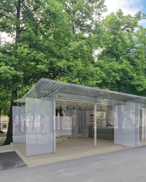 „Architektur-Rendering eines leichten, halboffenen Pavillons mit transluzenten Schiebewänden unter großen Bäumen in einer Parkanlage.“