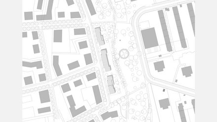 Städtebaulicher Lageplan mit Wohngebäuden, Straßen, Grünflächen und Wegen in einem Quartier.