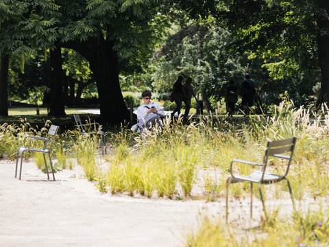 Ein Mann in einem weißen Hemd und Sonnenbrille sitzt entspannt auf einer grauen Metallbank in einem Park und blickt auf sein Smartphone. Er ist umgeben von modernen Pflanzungen mit hohen Gräsern und Sandwegen. Im Hintergrund sind weitere Parkbesucher und große Bäume zu sehen.
