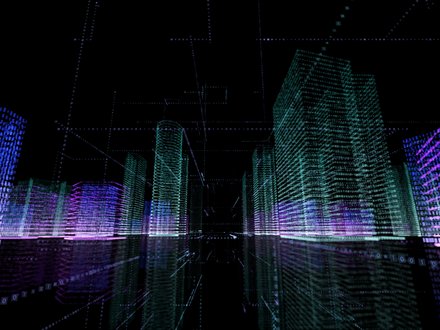 Eine abstrakte digitale Visualisierung zeigt eine Stadtlandschaft aus leuchtenden Punkten, Linien und Datenstrukturen in Blau-, Grün- und Violetttönen vor schwarzem Hintergrund, Hochhäuser und Straßenzüge erscheinen als digitale Raster, wodurch das Bild die Verschmelzung von Stadt, Daten und Technologie darstellt und für die Rolle von Künstlicher Intelligenz, Simulation und digitalen Werkzeugen in der Planung und Gestaltung zukünftiger Städte steht.