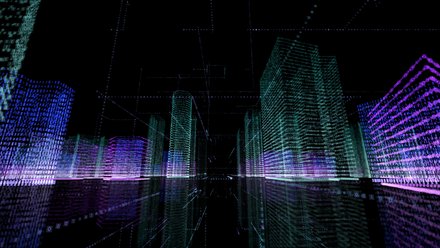Eine abstrakte digitale Visualisierung zeigt eine Stadtlandschaft aus leuchtenden Punkten, Linien und Datenstrukturen in Blau-, Grün- und Violetttönen vor schwarzem Hintergrund, Hochhäuser und Straßenzüge erscheinen als digitale Raster, wodurch das Bild die Verschmelzung von Stadt, Daten und Technologie darstellt und für die Rolle von Künstlicher Intelligenz, Simulation und digitalen Werkzeugen in der Planung und Gestaltung zukünftiger Städte steht.