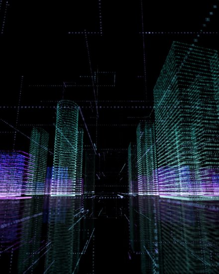 Eine abstrakte digitale Visualisierung zeigt eine Stadtlandschaft aus leuchtenden Punkten, Linien und Datenstrukturen in Blau-, Grün- und Violetttönen vor schwarzem Hintergrund, Hochhäuser und Straßenzüge erscheinen als digitale Raster, wodurch das Bild die Verschmelzung von Stadt, Daten und Technologie darstellt und für die Rolle von Künstlicher Intelligenz, Simulation und digitalen Werkzeugen in der Planung und Gestaltung zukünftiger Städte steht.