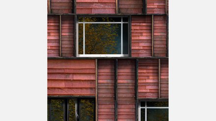 Nahaufnahme einer Fassade mit roten, horizontal überlappenden Schindeln zwischen dunklen Holzständern; mittig ein Fenster mit Spiegelung eines Baums mit gelben Blättern.