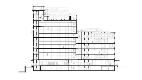Längsschnitt Südost 1:200; links hoher Turm mit Dachaufbau und „Kellogg’s“-Schriftzug, rechts niedrigerer Flügel mit regelmäßigen Geschossdecken und Erschließungskernen.