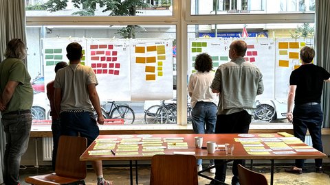 "Fünf Personen stehen vor großen Glasfenstern in einem hellen Raum und betrachten an den Fenstern angebrachte Whiteboards und Flipcharts. Die Boards sind mit farbigen Klebezetteln in Grün, Orange, Rot und Gelb beschriftet, die in Gittern angeordnet sind. Im Vordergrund ist ein Holztisch mit weiteren Notizzetteln zu sehen. Draußen sind Fahrräder und Bäume sichtbar. Die Szene zeigt eine kollaborative Arbeitssession oder ein Design-Thinking-Meeting."