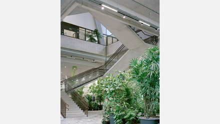 Helles offenes Treppenhaus mit dunklem Geländer; Innenansicht eines mehrstöckigen Raumes; im Erdgeschoss befinden sich große Pflanzen