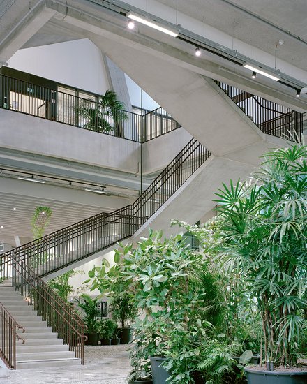 Helles offenes Treppenhaus mit dunklem Geländer; Innenansicht eines mehrstöckigen Raumes; im Erdgeschoss befinden sich große Pflanzen