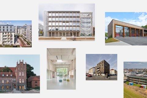 Collage aus sieben Fotos verschiedener moderner und historischer Gebäude und Innenräume, darunter Wohnhäuser, ein Bürogebäude mit Gerüst, ein Feuerwehrhaus, ein Backsteingebäude, ein heller Innenraum mit Sitzkissen, ein modernes Wohngebäude und ein mehrstöckiges Gebäude mit farbigen Fassadenelementen.