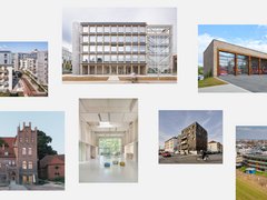 Collage aus sieben Fotos verschiedener moderner und historischer Gebäude und Innenräume, darunter Wohnhäuser, ein Bürogebäude mit Gerüst, ein Feuerwehrhaus, ein Backsteingebäude, ein heller Innenraum mit Sitzkissen, ein modernes Wohngebäude und ein mehrstöckiges Gebäude mit farbigen Fassadenelementen.
