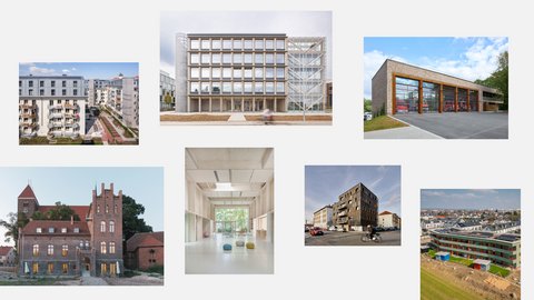 Collage aus sieben Fotos verschiedener moderner und historischer Gebäude und Innenräume, darunter Wohnhäuser, ein Bürogebäude mit Gerüst, ein Feuerwehrhaus, ein Backsteingebäude, ein heller Innenraum mit Sitzkissen, ein modernes Wohngebäude und ein mehrstöckiges Gebäude mit farbigen Fassadenelementen.