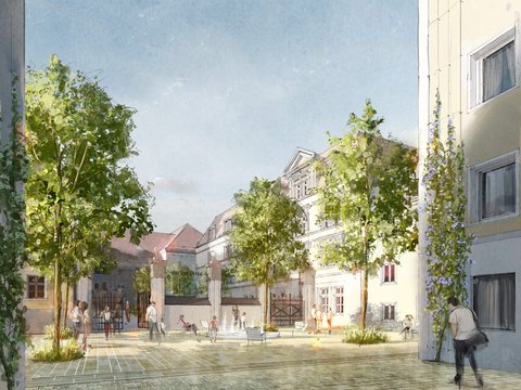 Architekturvisualisierung eines innerstädtischen Hofes mit  hängenden grünen Weinranken in violetten Blüten, die von beiden  Seiten herunterhängen. Im Hintergrund eine Kirche mit rotem Dach  und mehrere Menschen auf dem gepflasterten Boden verteilt.  Helle Sonne wirft Schatten zwischen historischen, cremefarbenen  und weißen Gebäuden.