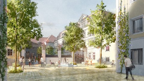 Architekturvisualisierung eines innerstädtischen Hofes mit  hängenden grünen Weinranken in violetten Blüten, die von beiden  Seiten herunterhängen. Im Hintergrund eine Kirche mit rotem Dach  und mehrere Menschen auf dem gepflasterten Boden verteilt.  Helle Sonne wirft Schatten zwischen historischen, cremefarbenen  und weißen Gebäuden.