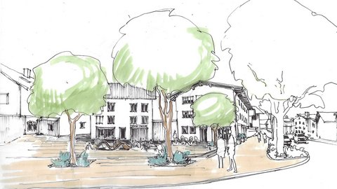 Eine Architekturzeichnung zeigt einen begrünten Platz mit Bäumen, Sitzgelegenheiten und Gebäuden im Hintergrund, auf dem Menschen stehen, gehen und sich aufhalten; die Darstellung vermittelt eine Vision von öffentlichem Raum als Ort der Begegnung, des Aufenthalts und des sozialen Austauschs.