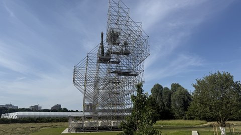  Großflächige Kunstinstallation aus Stahlgerüst auf einer Wiese. Die Gerüstkonstruktion formt eine abstrakte Kopfsilhouette in der Seitenansicht. Im Hintergrund sind Bäume, eine weiße Lagerhalle und Hochhäuser einer Stadt zu sehen. Ein einzelner Baum wächst vor der Installation. Der Himmel ist blau mit wenigen Wolken.